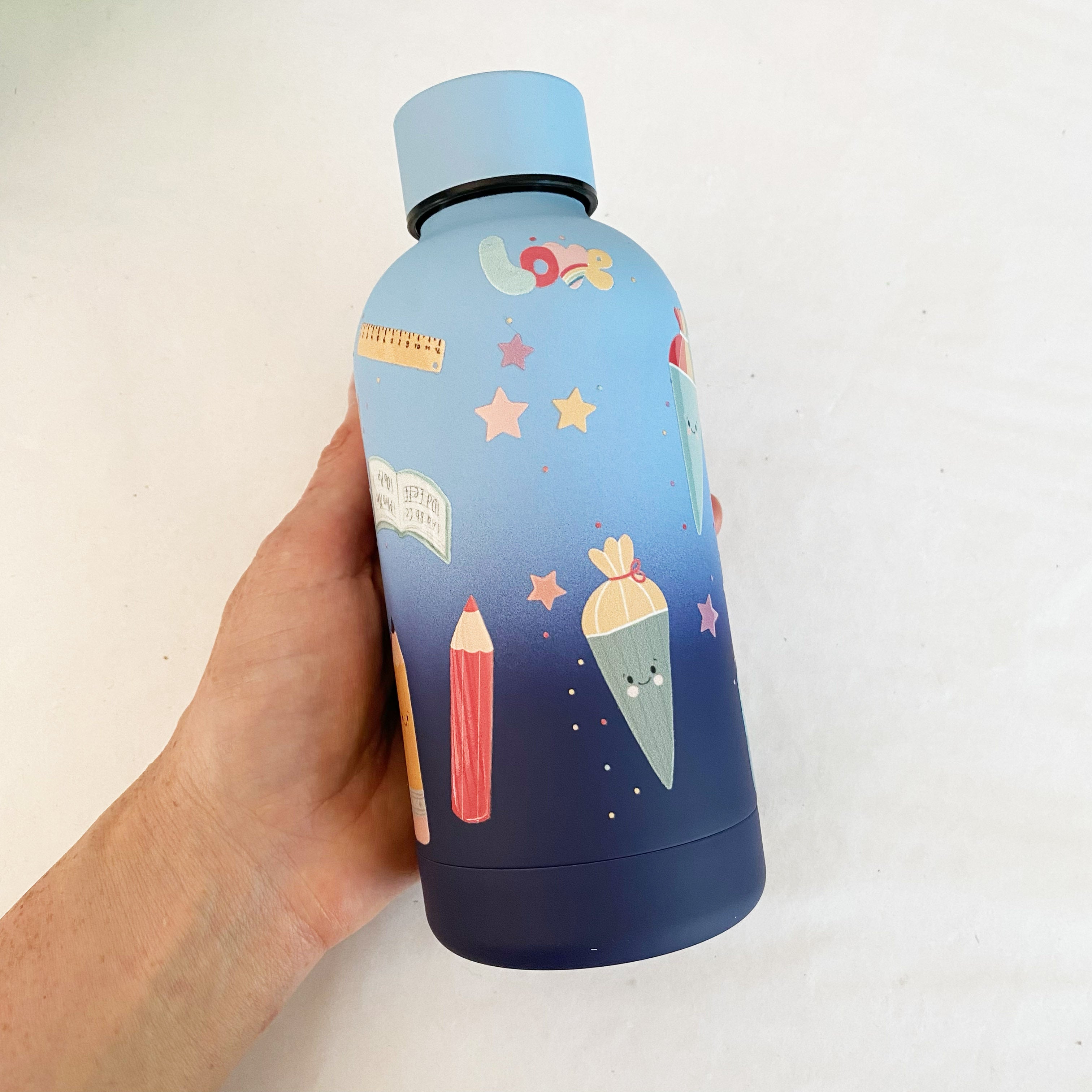 Bunte "Schulkind" Thermosflasche mit extra Stickern / personalisierbar